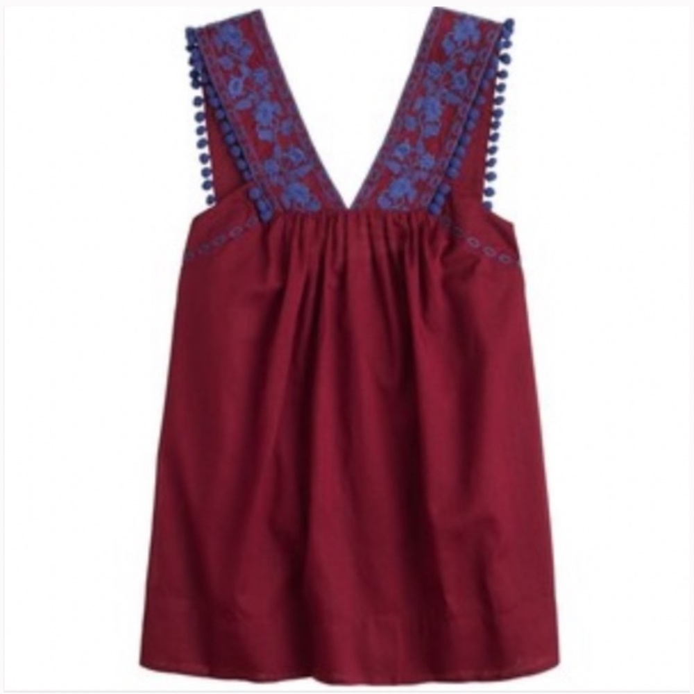 NWT J. Crew embroidered burgundy pom pom tank top 00